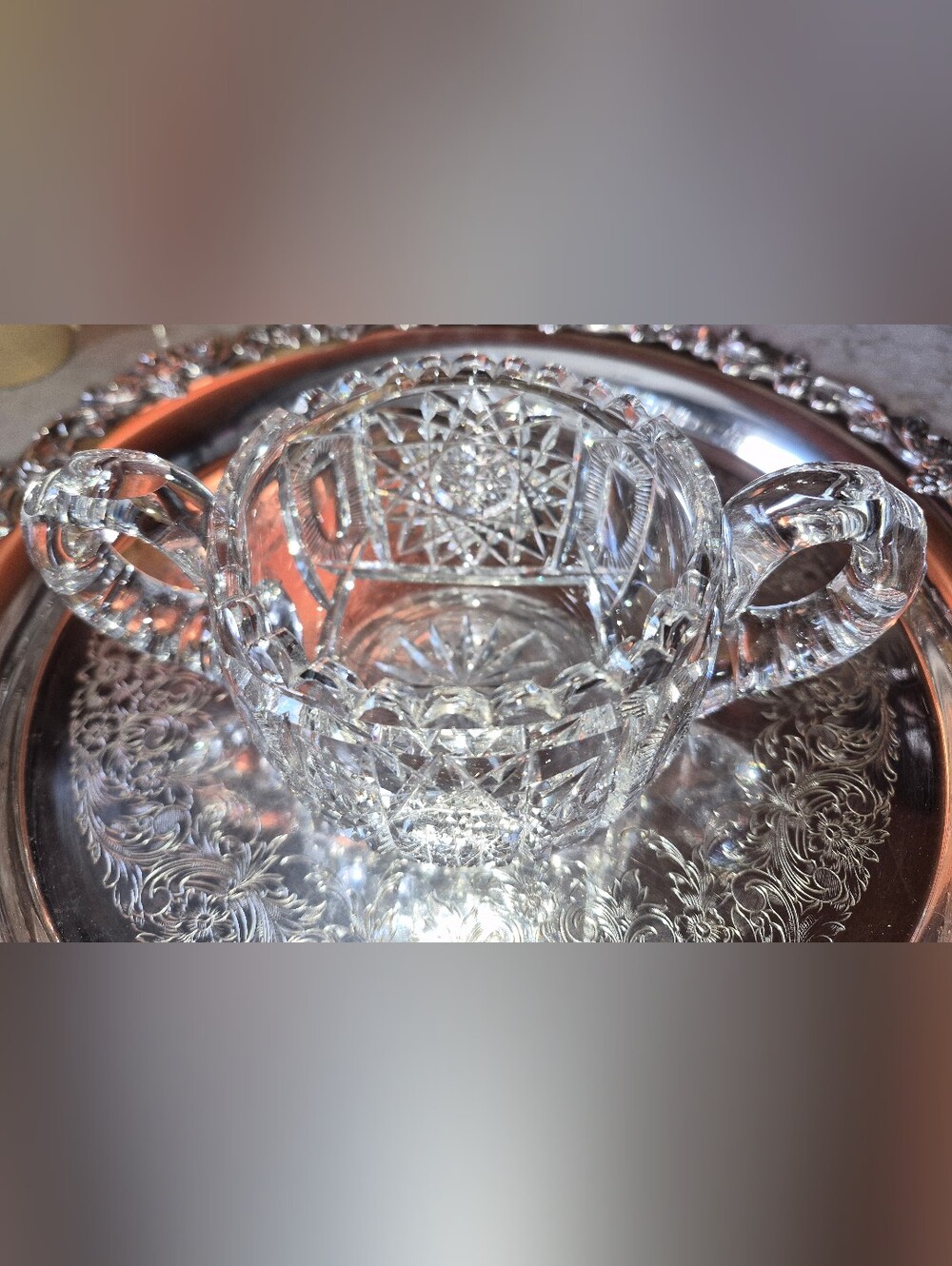 Antique American Brilliant Period (ABP) Cut Crystal Double-handled sugar bowl - Picture 2 of 6
